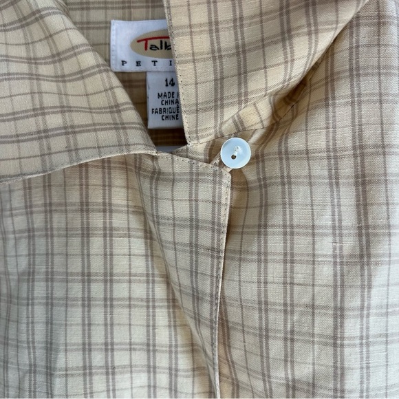 Talbots Silk Linen Button Up Shirt Plaid Gray Yellow Petite Sz 14 Office - Picture 10 of 13